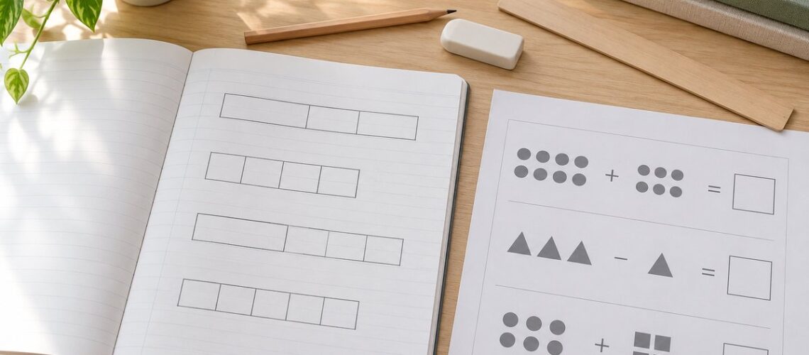 Open exercise book with bar model rectangles beside a pencil, eraser and a maths worksheet on a wooden desk